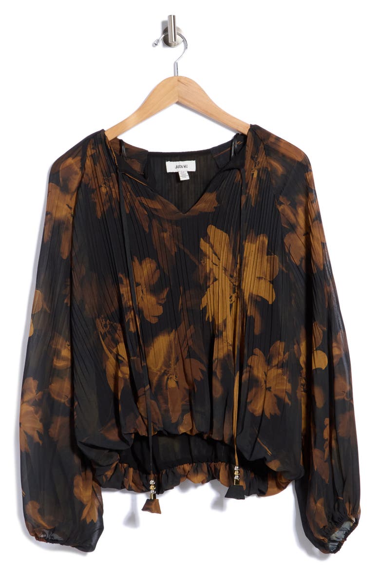 Pleated Long Sleeve Top, Main, color, ABSTRACT FLORAL/ BLACK