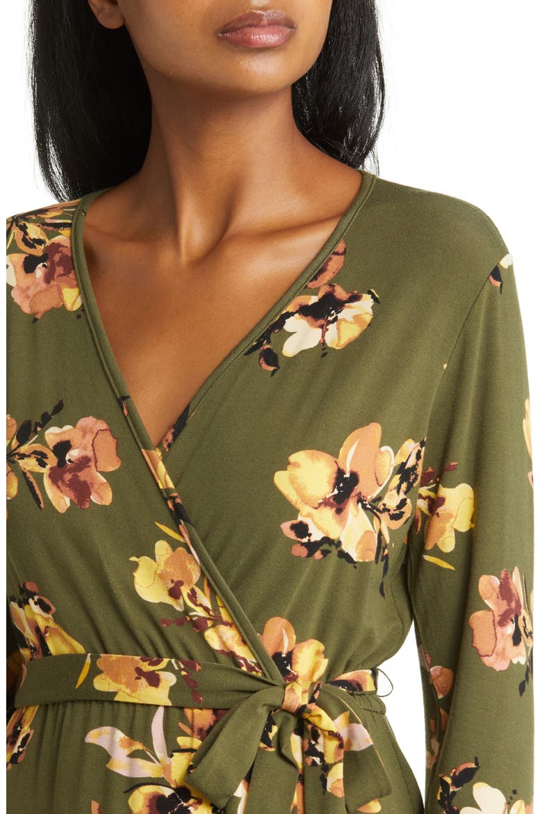Floral Long Sleeve Faux Wrap Dress, Alternate, color, OLIVE