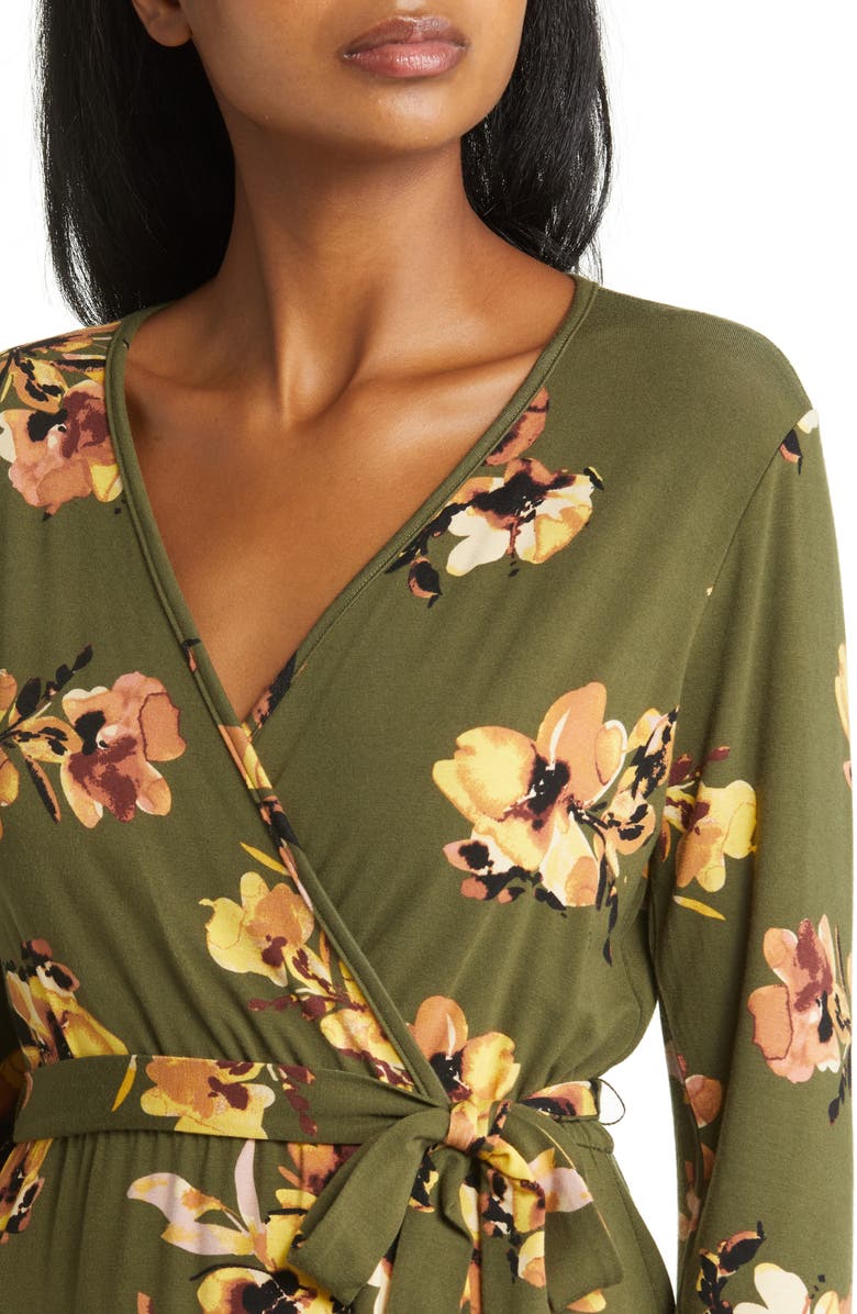 Loveappella Floral Long Sleeve Faux Wrap Dress, Alternate, color, Olive