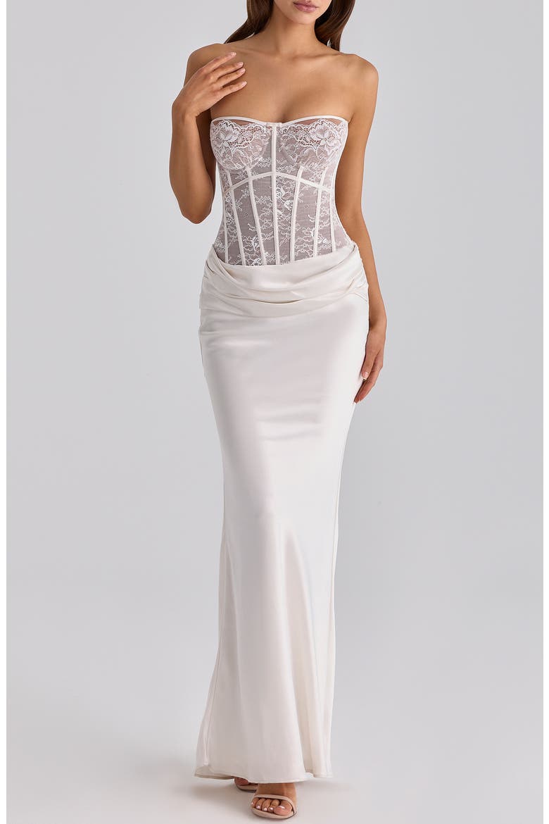 Ayana Strapless Lace & Satin Mermaid Gown, Main, color, WHITE