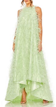 Mac Duggal Satin Feather High-Low Evening Dress with Trapeze Silhouette