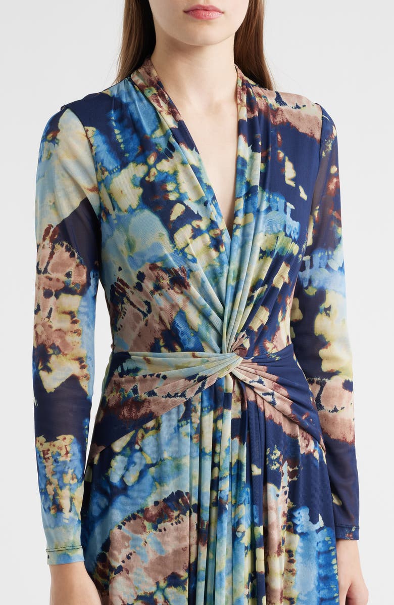 Anne Klein Abstract Print Twist Front Long Sleeve Mesh Maxi Dress, Alternate, color, Blue Tide Multi