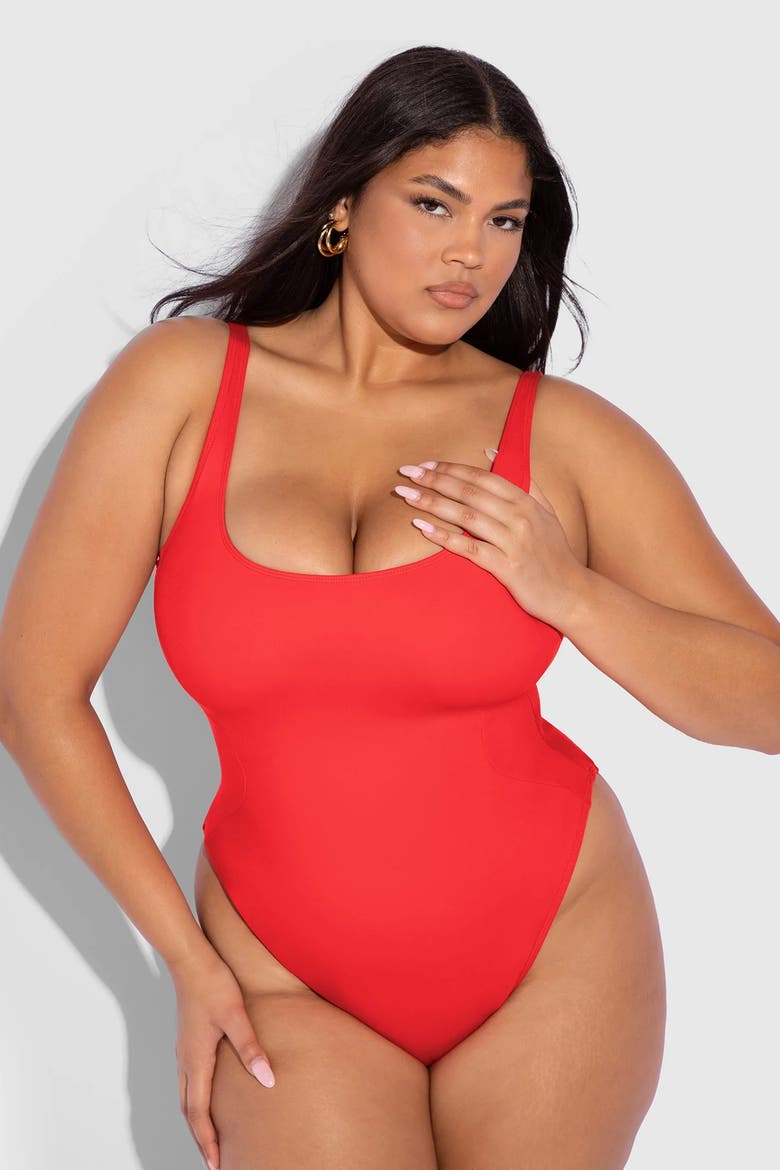 Mega Sculpting Scoop Neck High Cut One Piece Swimsuit, Alternate, color, Red