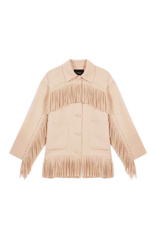 Maje Double-breasted Fringed Coat In Beige
