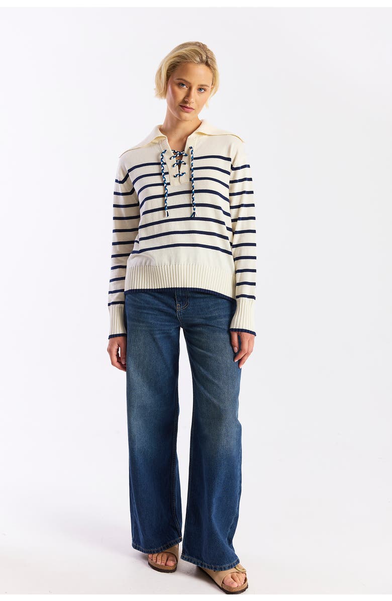 WISPR Stripe Lace Up Collared Knit Sweater, Alternate, color, Cream/Navy, Tangerine