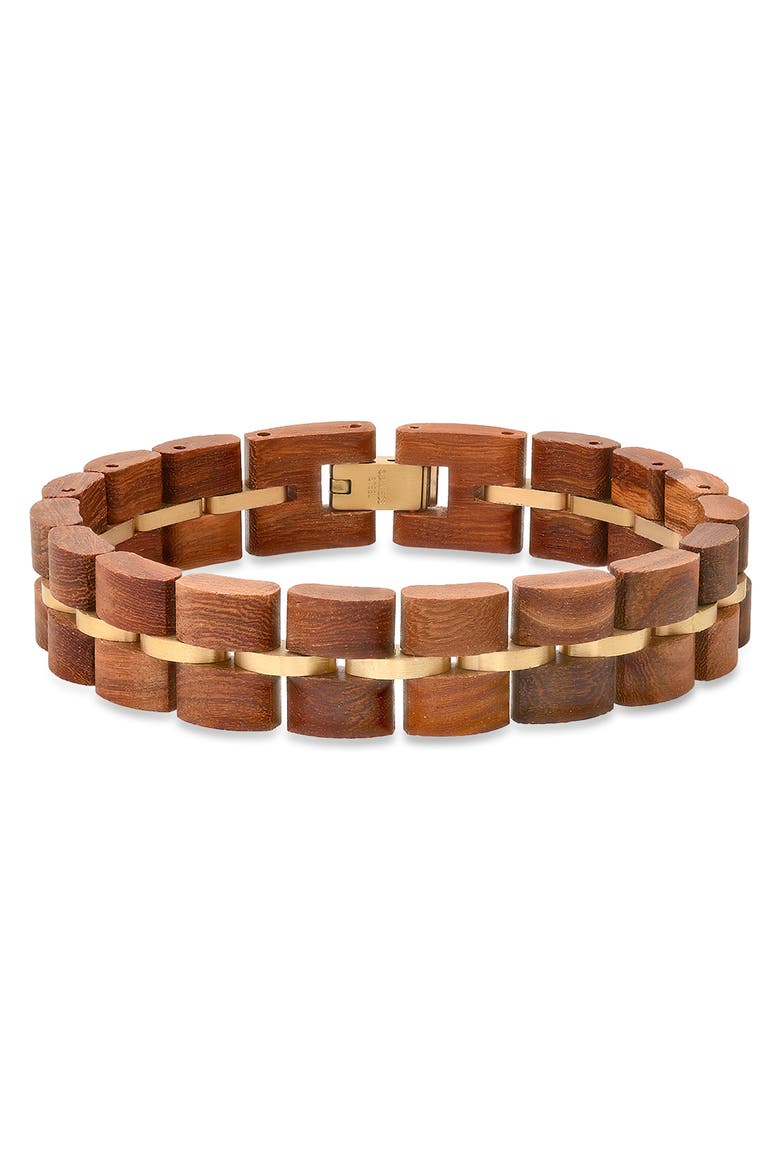 Men's Stainless Steel Wood Bracelet, Main, color, GOLD/BROWN