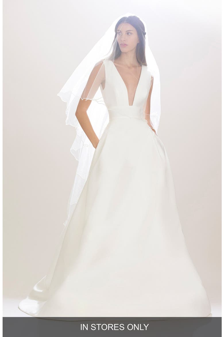 Mason Plunging V-Neck Silk Mikado Ballgown, Main, color, IVORY