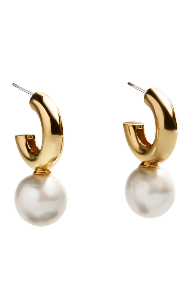 BaubleBar Faux Pearl Huggie Hoop Earrings, Main, color, Gold