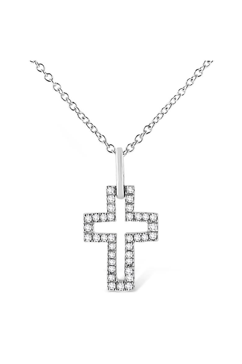 Silver 1/10 cttw Pave-Set Round-Cut Diamond Open Cross Pendant Necklace, Main, color, White