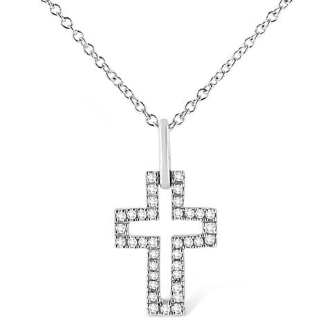 Silver 1/10 cttw Pave-Set Round-Cut Diamond Open Cross Pendant Necklace