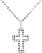 Haus of Brilliance Silver 1/10 cttw Pave-Set Round-Cut Diamond Open Cross Pendant Necklace