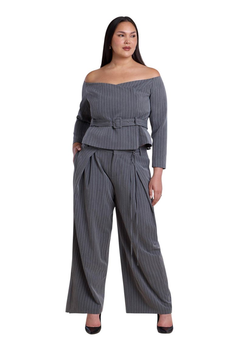 Pleated Wide Leg Trouser With Long Belt (plus), Alternate, color, DARK HEATHER GREY