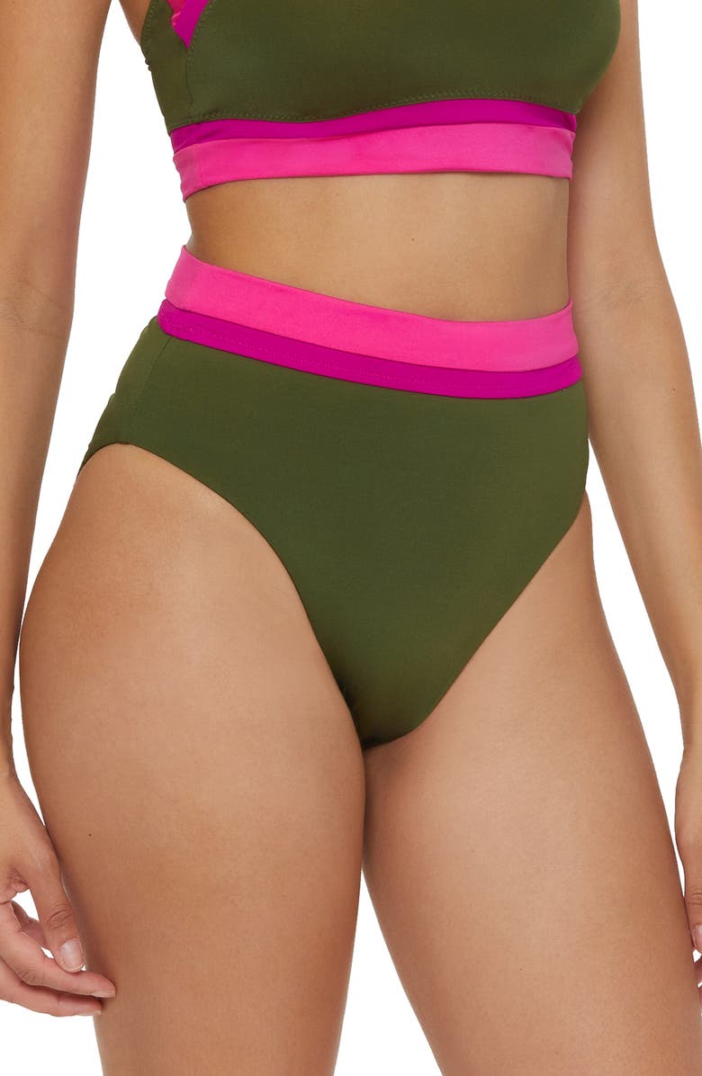 Trina Turk Colorblock High Waist Bikini Bottoms, Alternate, color, Olive Multi