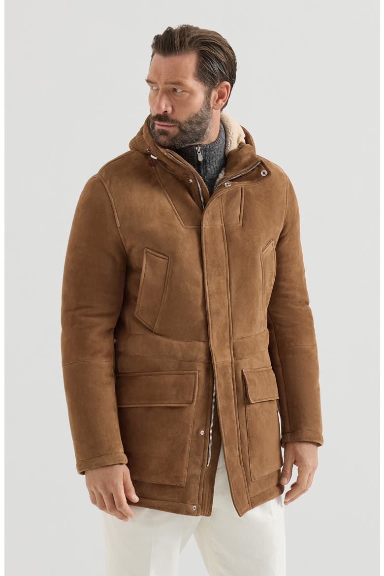 Suede curly shearling parka, Main, color, Brown