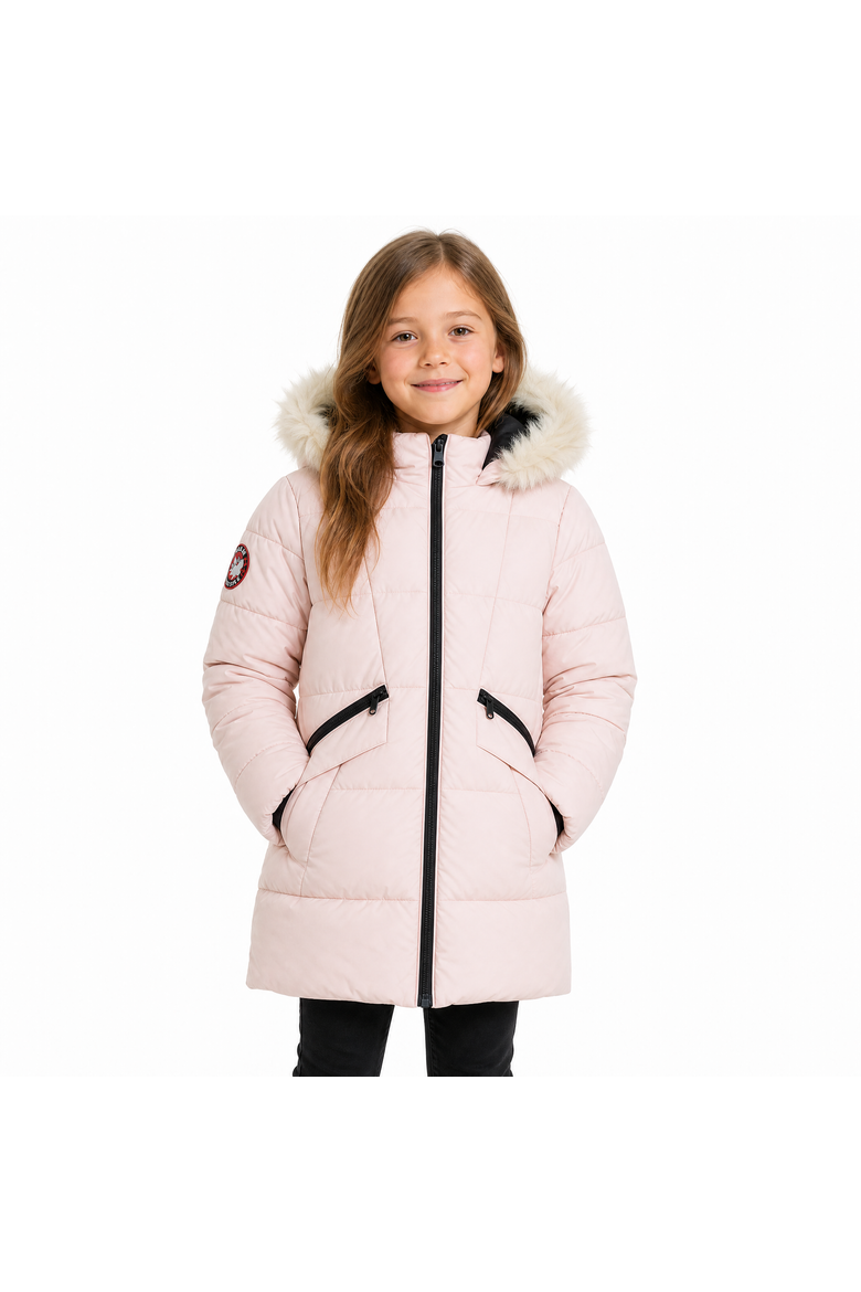 Girls' Faux Fur Hood Long Puffer Parka, Main, color, Blush