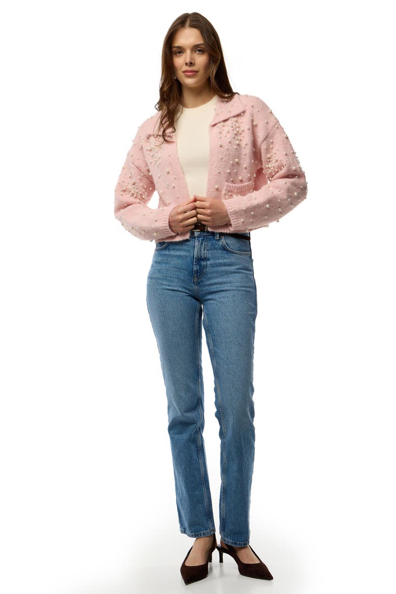 Faux Pearl Bead Open Front Cardigan, Alternate, color, LIGHT PINK