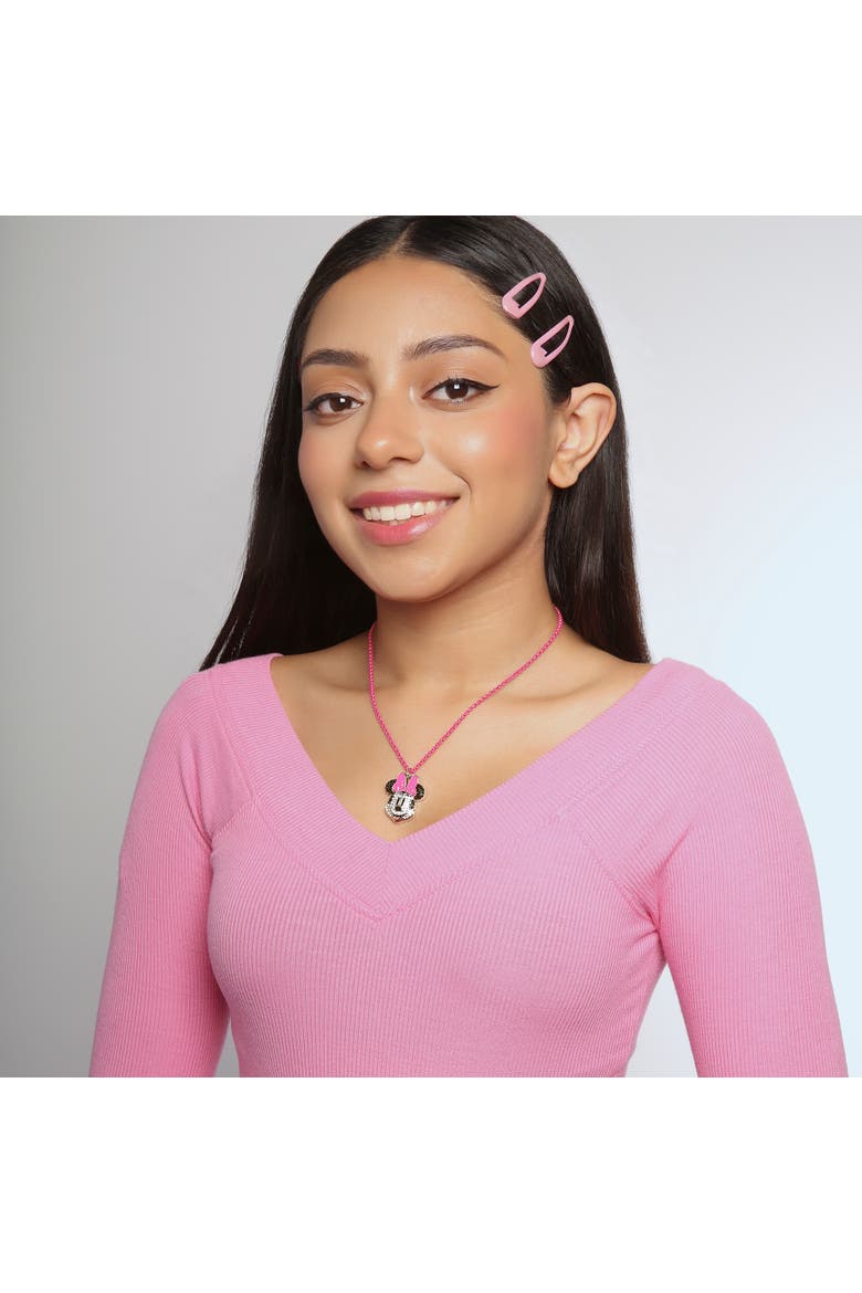 Pave Crystal Minnie Mouse Necklace with Pink Chain, 16"+3", Alternate, color, Pink, Silver