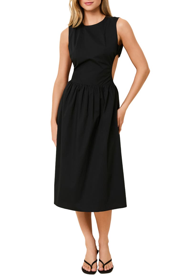 Sabine Sleeveless Open Back Stretch Cotton Poplin Sundress, Main, color, NOIR