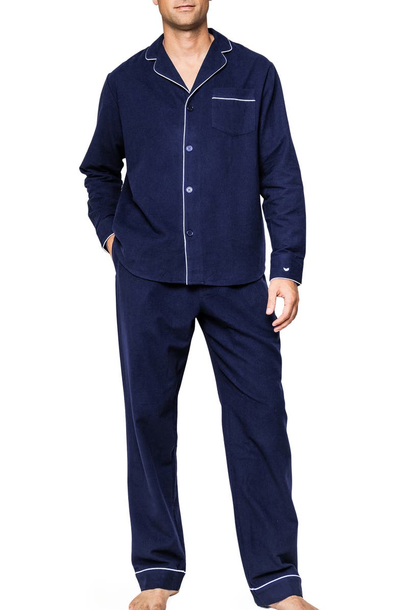 Petite Plume Classic Flannel Pajama Set, Main, color, Navy