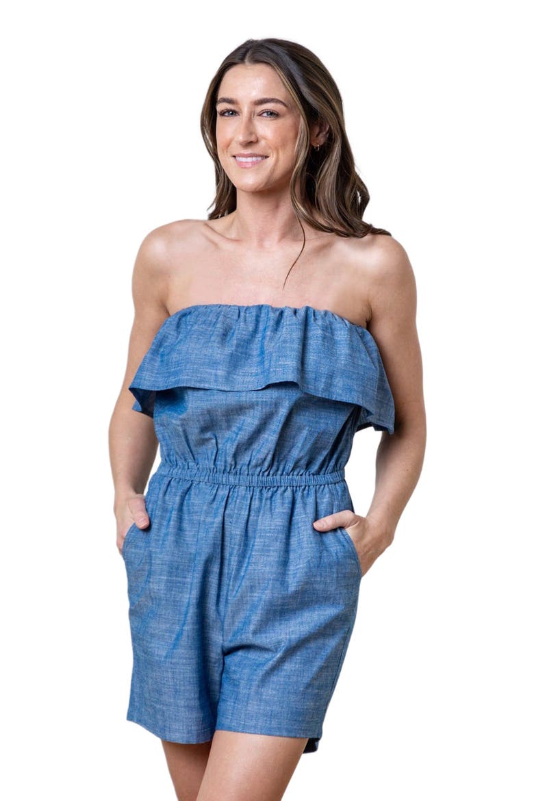Women's Organic Ruffle Top Romper, Alternate, color, Chambray Ruffle