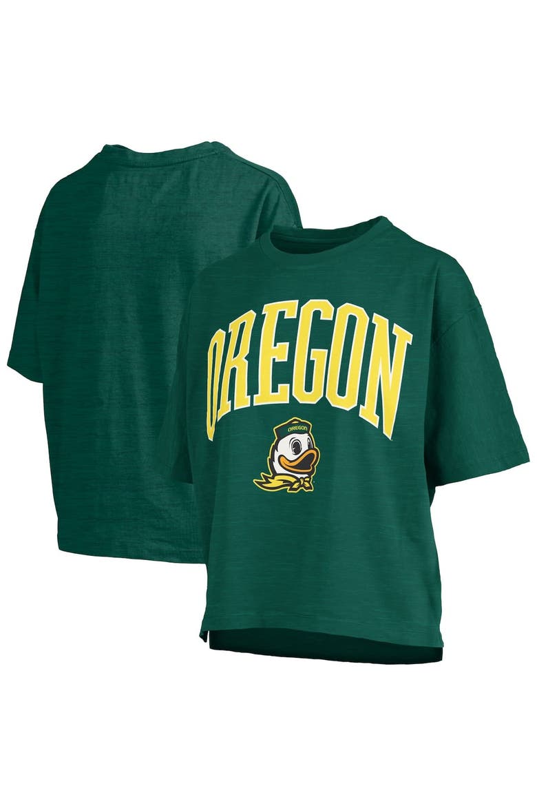 Women's Pressbox Green Oregon Ducks Nelson Arch Over Logo Waist Length Oversized Slub T-Shirt, Alternate, color, Green