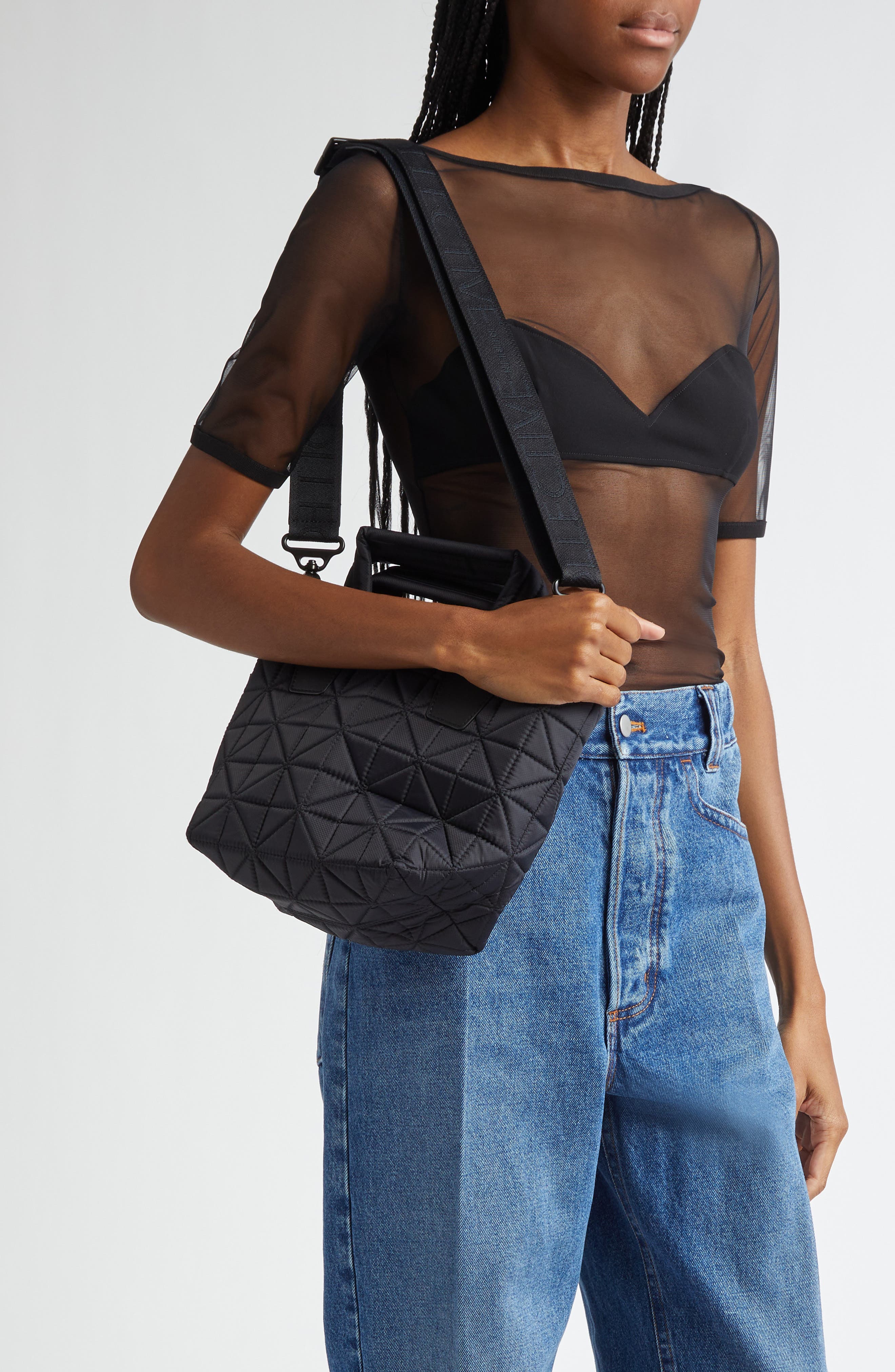 VeeCollective Mini Vee Water Repellent Quilted Nylon Tote, Alternate, color, Black