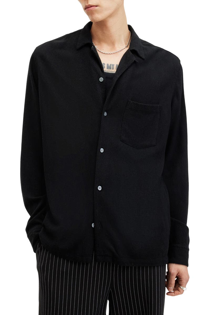 AllSaints Cudi Textured Long Sleeve Camp Shirt, Main, color, Black