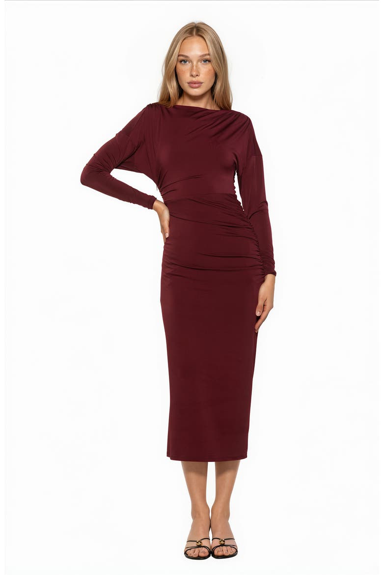 Oliviane Ruched Long Sleeve Stretch Midi Dress, Alternate, color, BURGUNDY