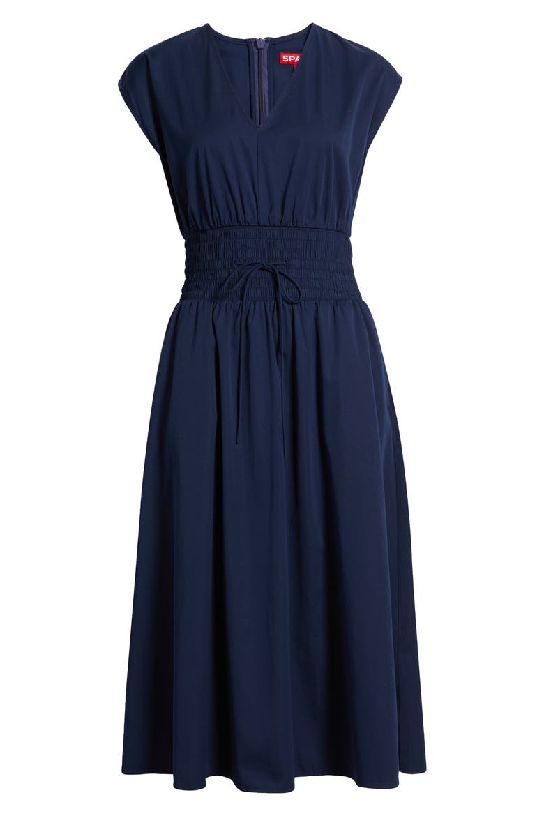 Smock Waist V-Neck Cotton Midi Dress, Alternate, color, TIMELESS NAVY