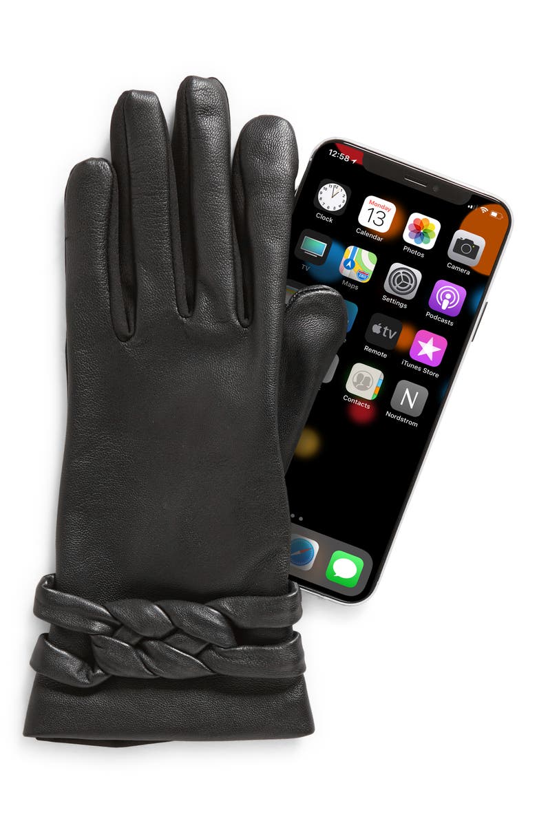 Cole Haan Braid Strap Mixed Media Leather Gloves, Alternate, color,