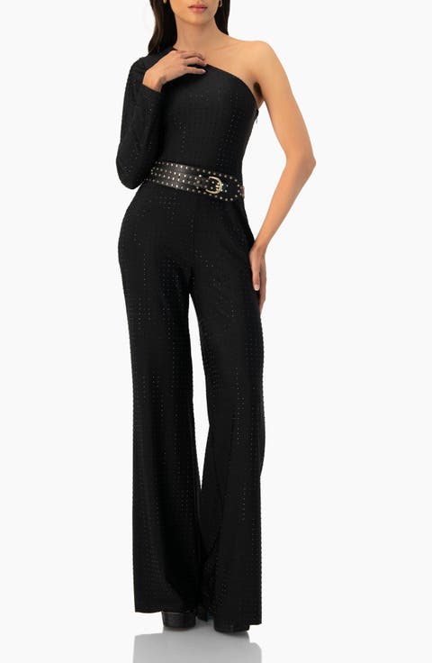 Wide-Leg Textured Jumpsuit with One Long Sleeve