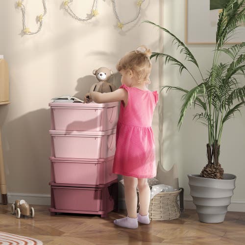 Qaba 4-tier Kids Storage Unit With Drawers In Pink