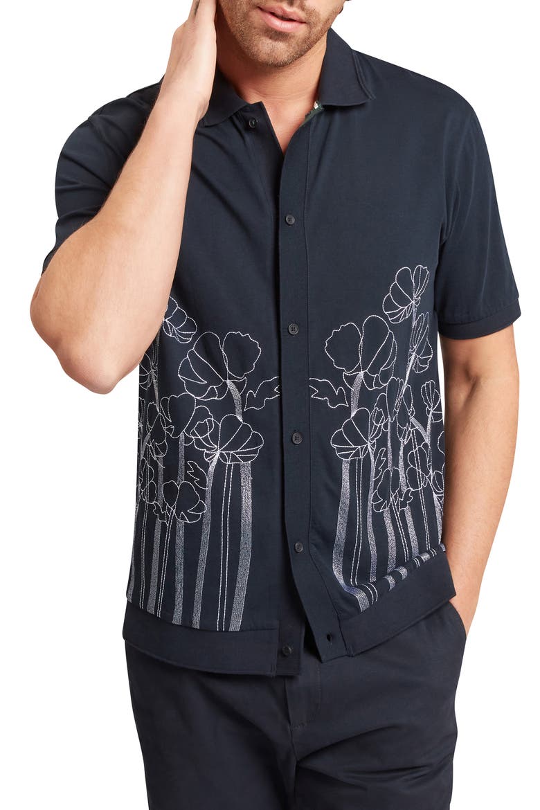Actton Embroidered Short Sleeve Knit Button-Up Shirt, Main, color, NAVY
