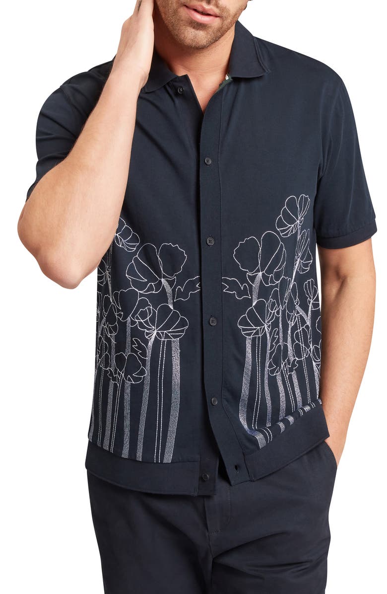 Ted Baker Actton Embroidered Short Sleeve Knit Button-Up Shirt, Main, color, Navy