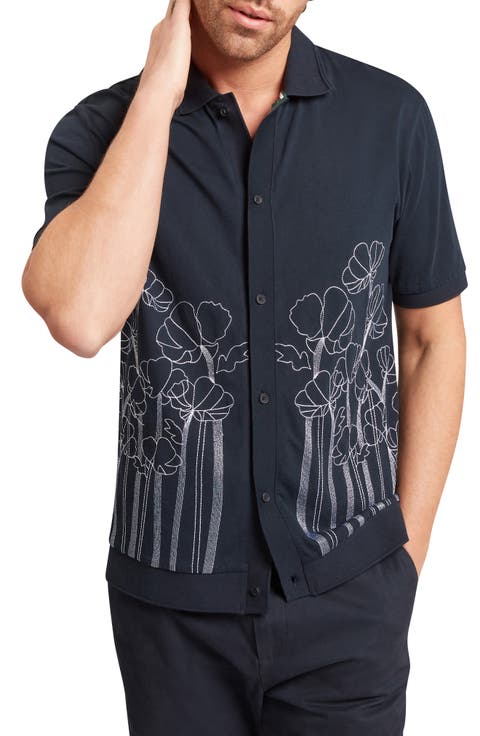 Actton Embroidered Short Sleeve Knit Button-Up Shirt