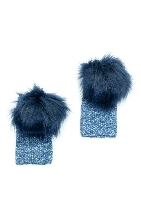 Faux Fur Pom Cashmere Tweed Fingerless Gloves