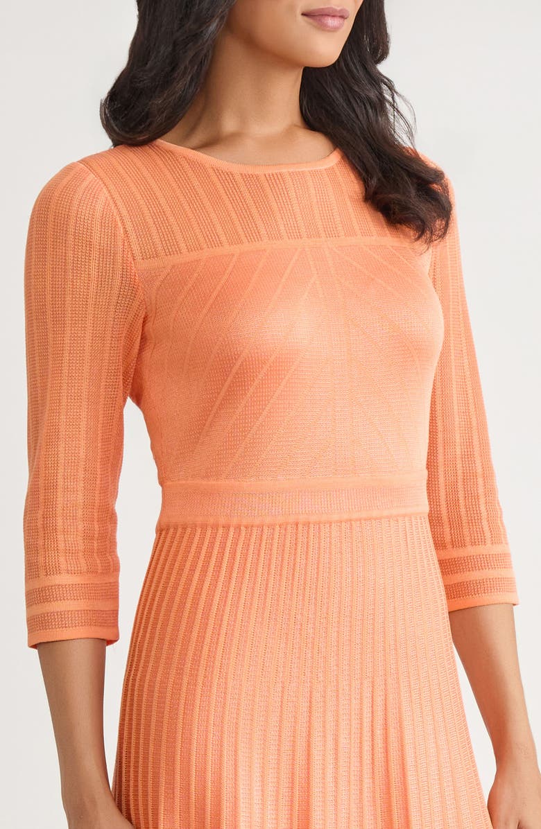 Misook Pleated Geometric Knit Midi Dress, Alternate, color, Amber Glow