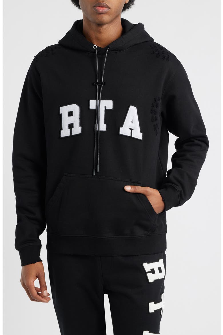 Markus Distressed Logo Applique Hoodie, Main, color, UNIVERSITY BLACK