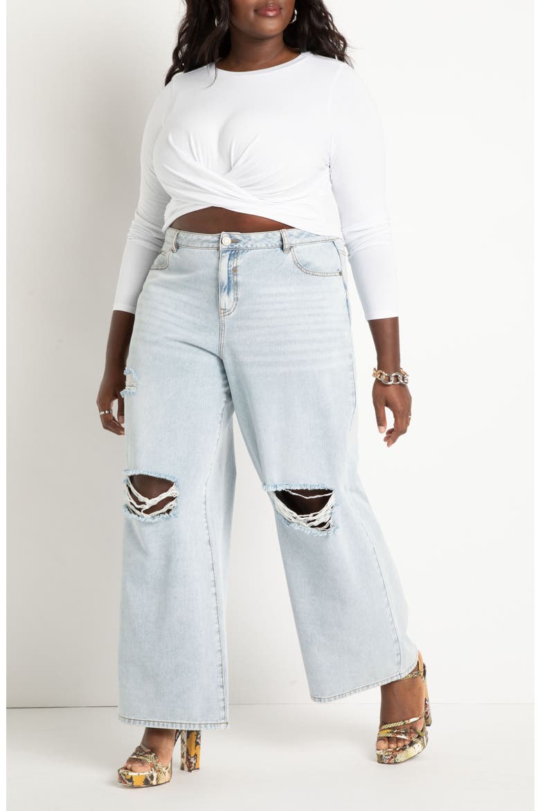 Crossover Hem Long Sleeve Crop Top, Alternate, color, TRUE WHITE