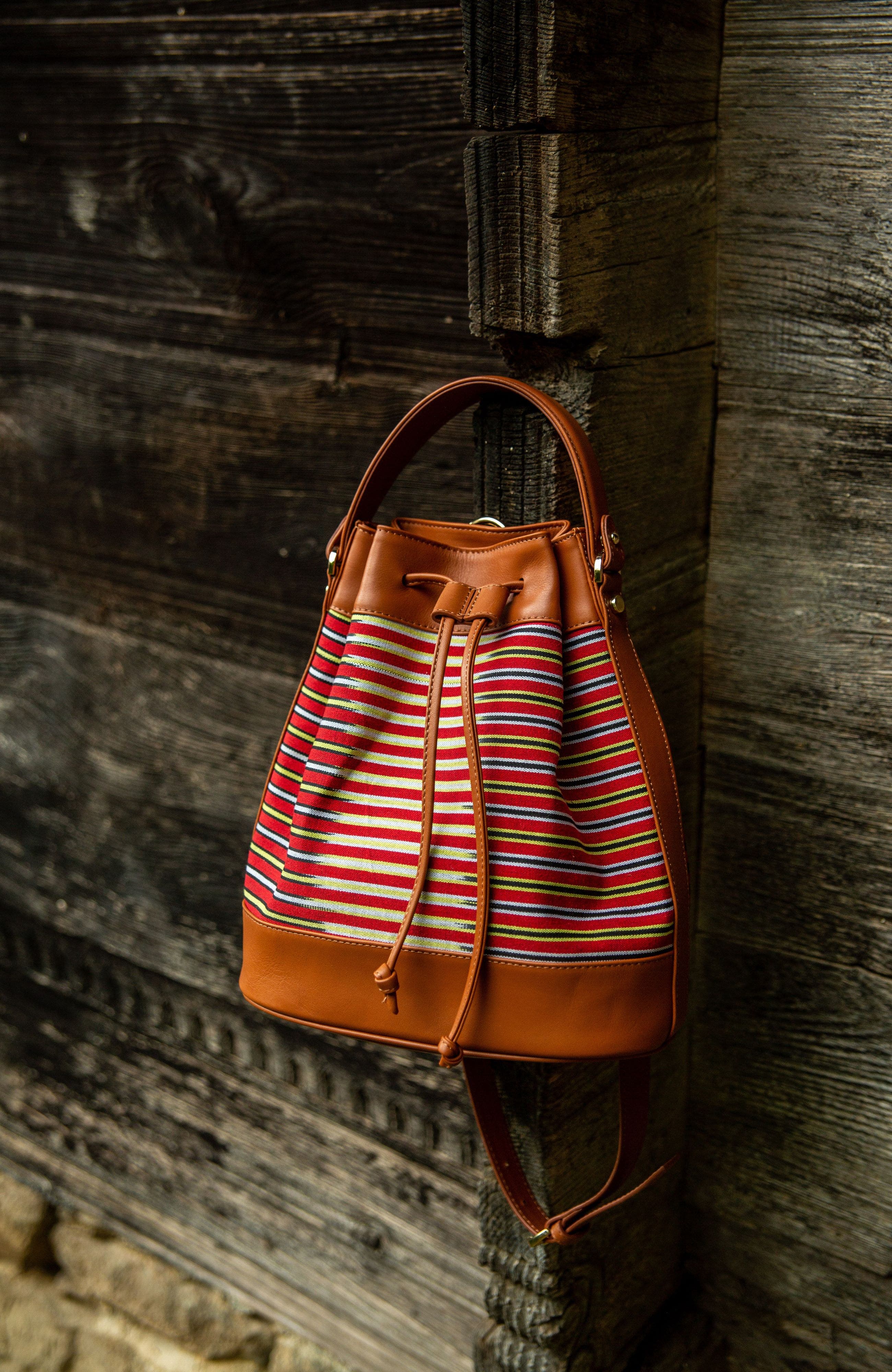 K'ai & Vrosi Leather & Striped Fabric Pattern Convertible Bag, Alternate, color, Brown