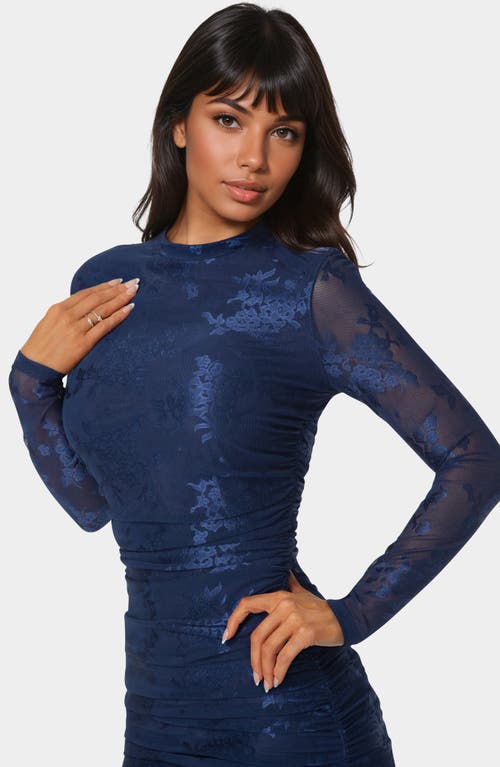 Bebe Long Sleeve Jacquard Mesh Body-con Dress In Blue