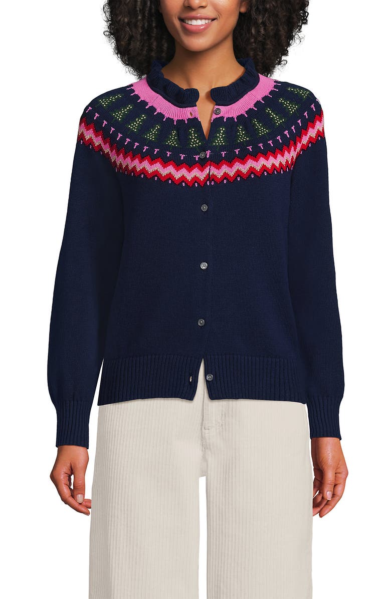 Lands' End Drifter Lurex Ruffle Neck Jacquard Cardigan Sweater, Alternate, color, Christmas Trees/Navy