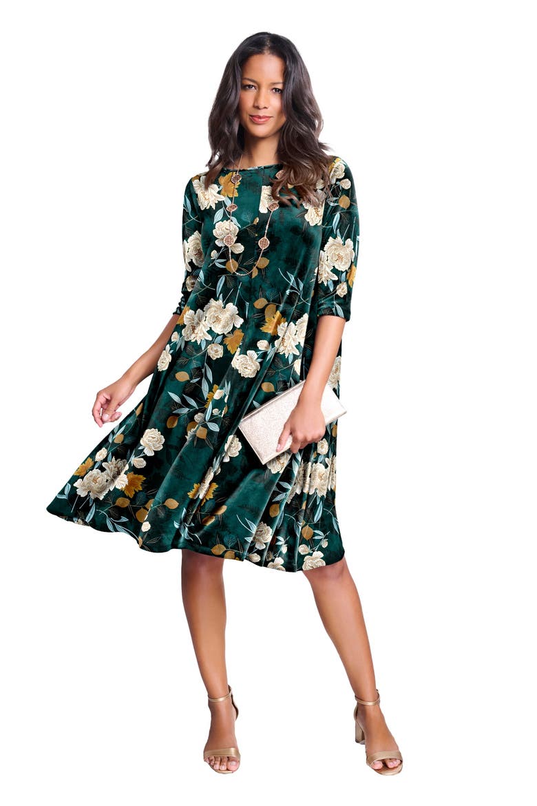Velour Swing Drape Dress, Main, color, EMERALD LAYERED FLOWERS