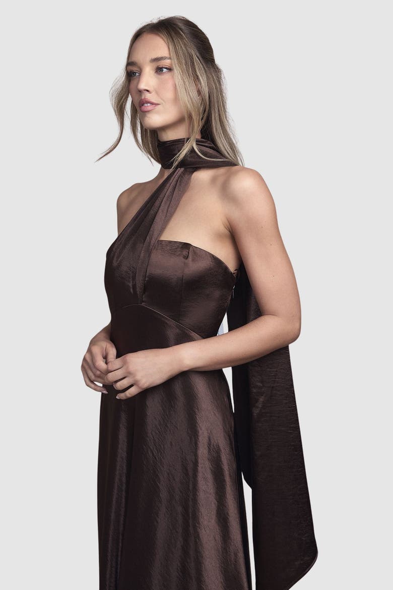 Satin Scarf Detail Maxi Bridesmaid Dress, Alternate, color, Chocolate
