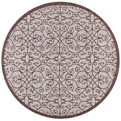 Jonathan Y Madrid Vintage Filigree Textured Weave Indoor/outdoor Round Area Rug In Taupe/espresso