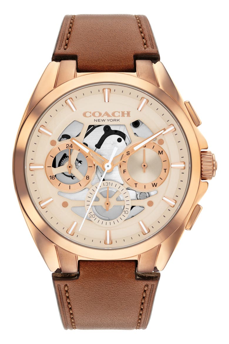 Jackson Rose Gold Tone Multifunction Leather Strap Watch, 41.5mm, Main, color, BROWN