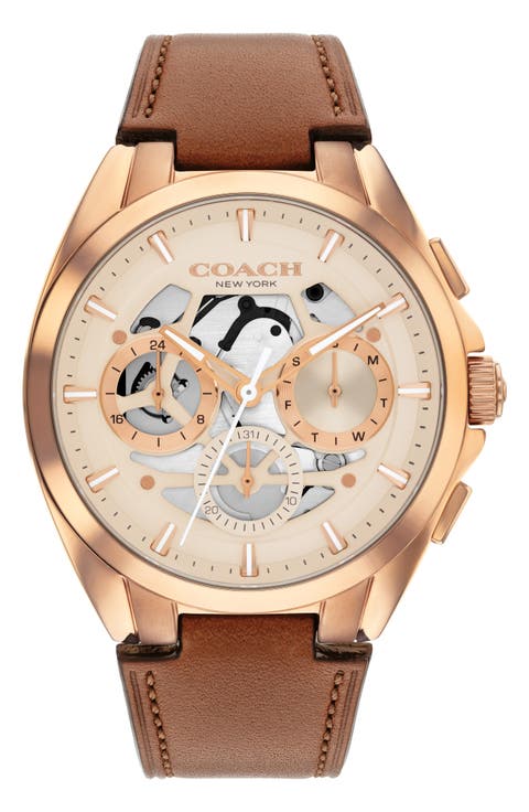 Jackson Rose Gold Tone Multifunction Leather Strap Watch, 41.5mm