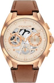 COACH Jackson Rose Gold Tone Multifunction Leather Strap Watch, 41.5mm