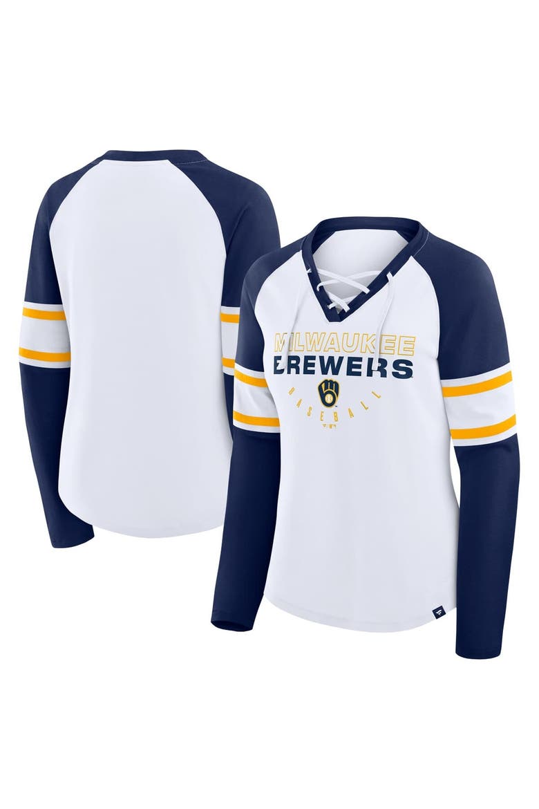 Women's Fanatics White/Navy Milwaukee Brewers Blitz Package Raglan Lace-Up V-Neck Long Sleeve T-Shirt, Main, color, White