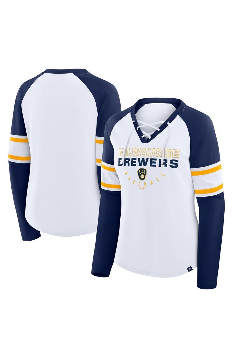 FANATICS Women's Fanatics White/Navy Milwaukee Brewers Blitz Package Raglan Lace-Up V-Neck Long Sleeve T-Shirt, Main, color, White